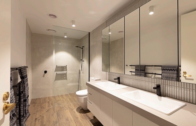 Verdant Avenue, Toorak — Bathroom with twin basins and shower