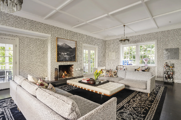 Fulham House — formal lounge with fireplace and French doors