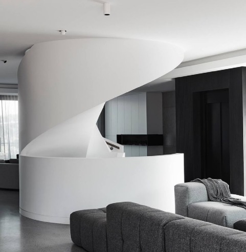 Verdant Avenue, Toorak — White curved staircase and lounge