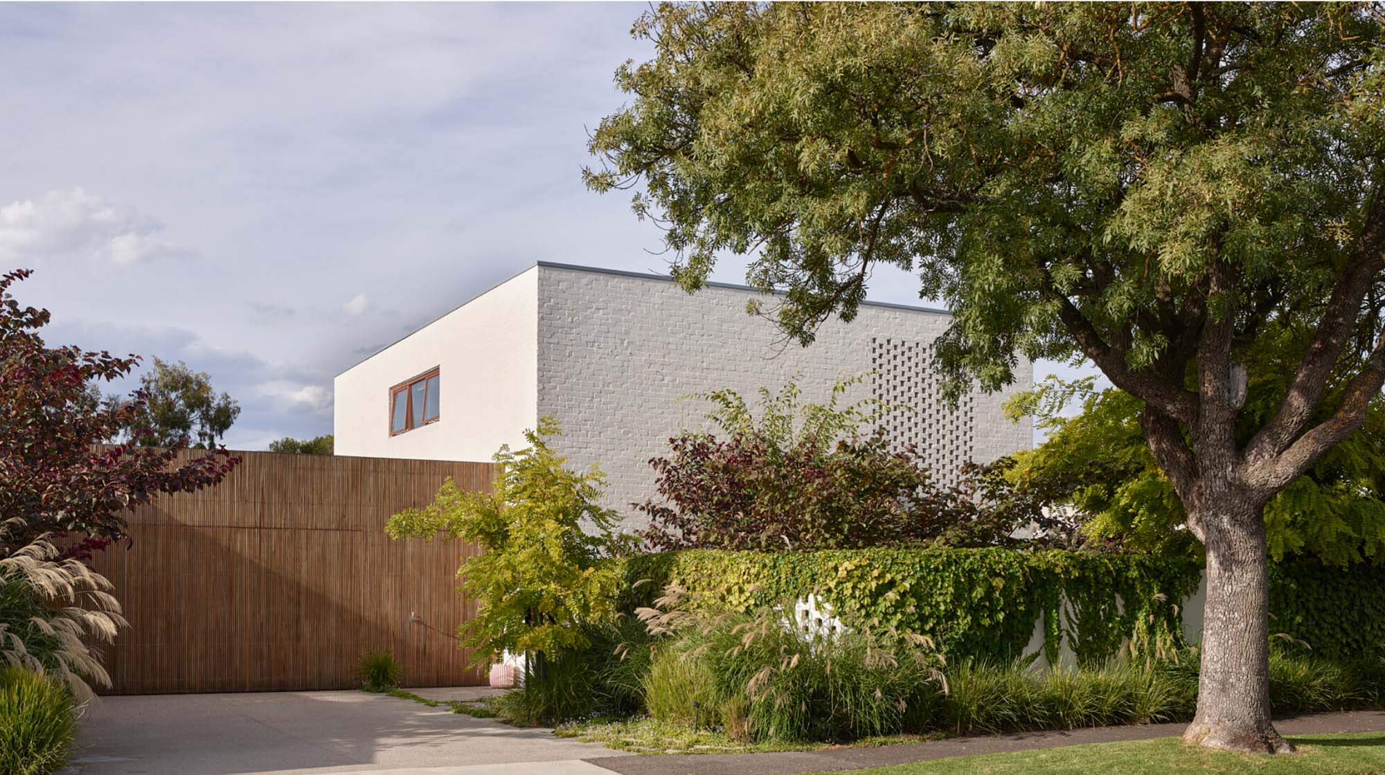 Brighton East Garden House — Street view with pale brick facade and leafy planting