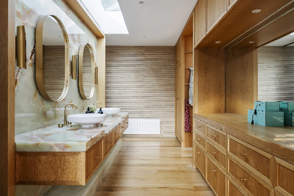 Fulham House — bathroom with twin basins and skylight