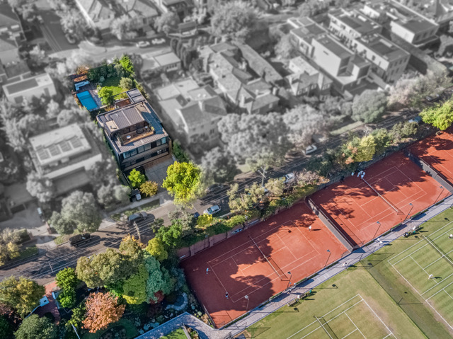 Verdant Avenue, Toorak — Aerial view highlighting the property and neighbouring tennis courts