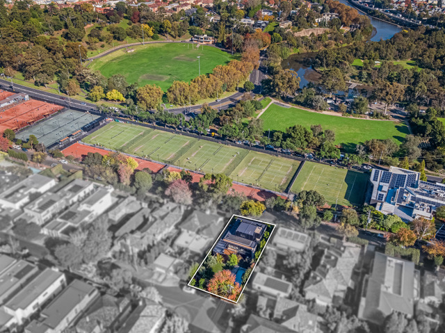 Verdant Avenue, Toorak — Aerial view highlighting the residence opposite the tennis club